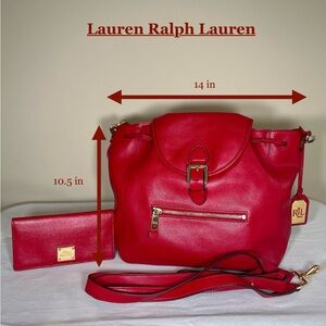 Lauren Ralph Lauren Handbag w/ Matching Wallet and Shoulder Strap Set “Red”
